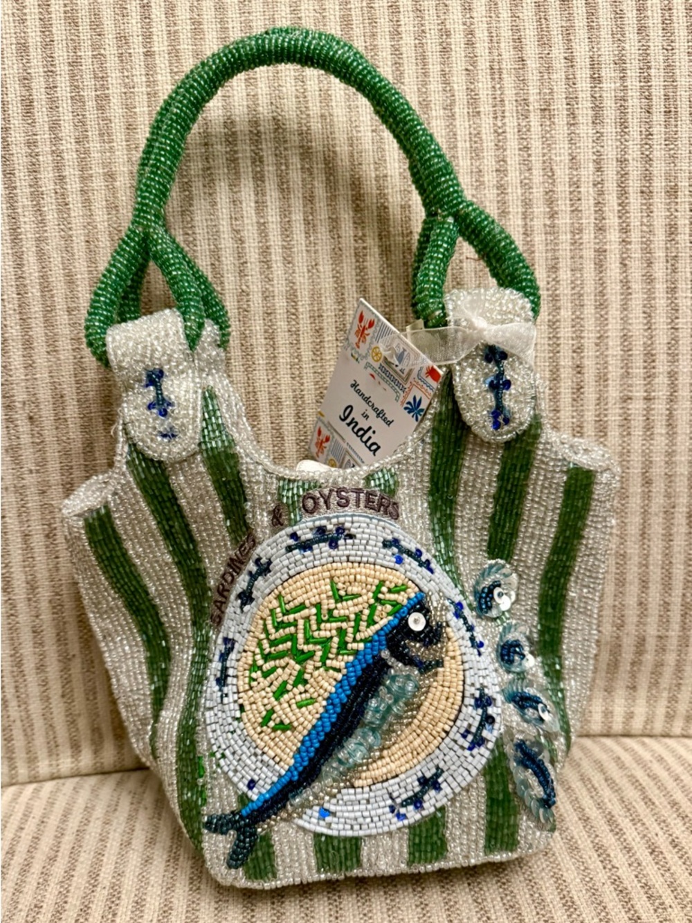 Marshalls Green, White and Blue Beaded Fish Stripe Tote